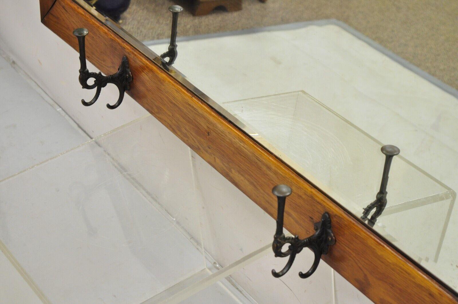 20th Century Antique Mission Arts & Crafts Oak Wood Beveled Glass Hall Mirror Iron Coat Hooks For Sale