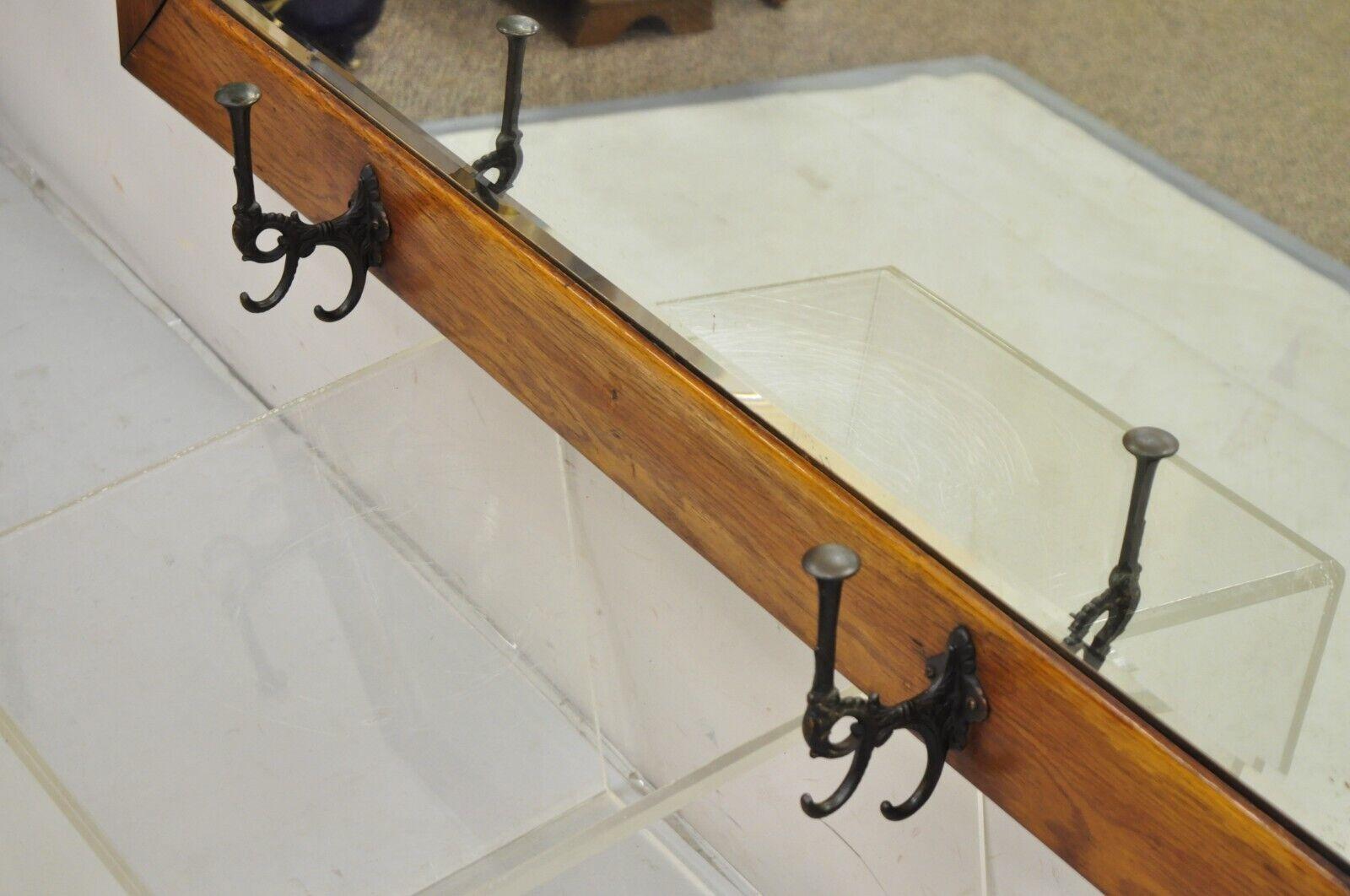20th Century Antique Mission Arts & Crafts Oak Wood Beveled Glass Hall Mirror Iron Coat Hooks For Sale