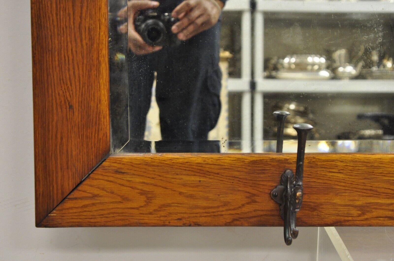 Antique Mission Arts & Crafts Oak Wood Beveled Glass Hall Mirror Iron Coat Hooks For Sale 1