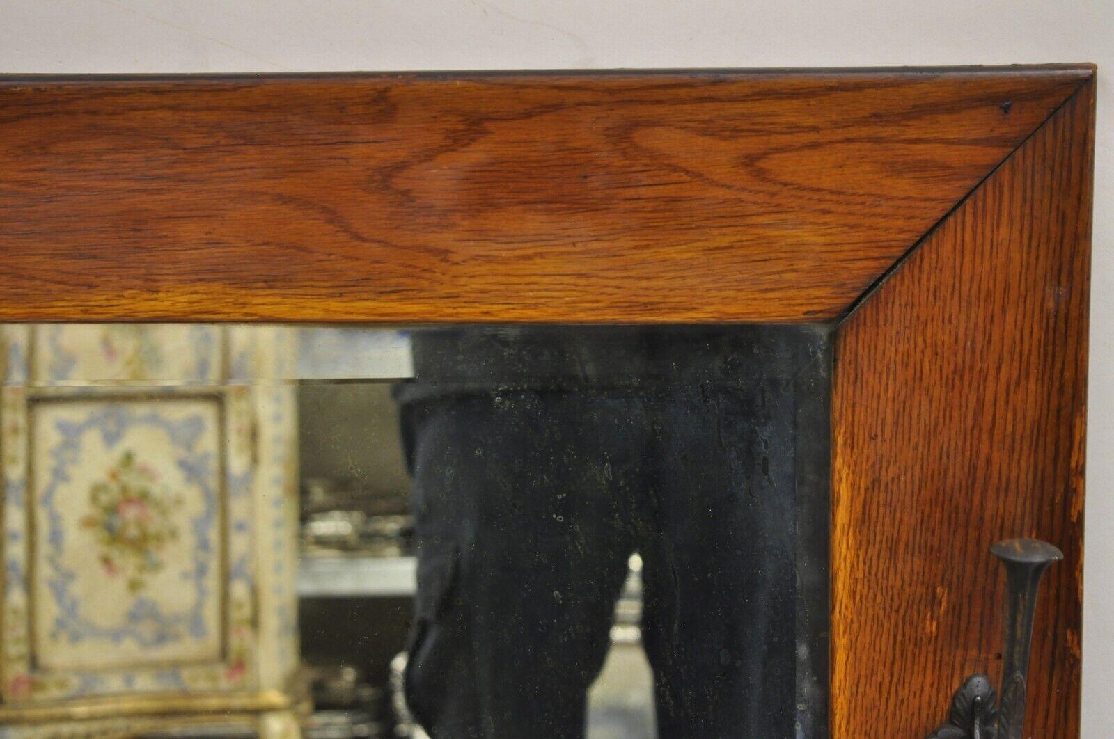 Antique Mission Arts & Crafts Oak Wood Beveled Glass Hall Mirror Iron Coat Hooks For Sale 2