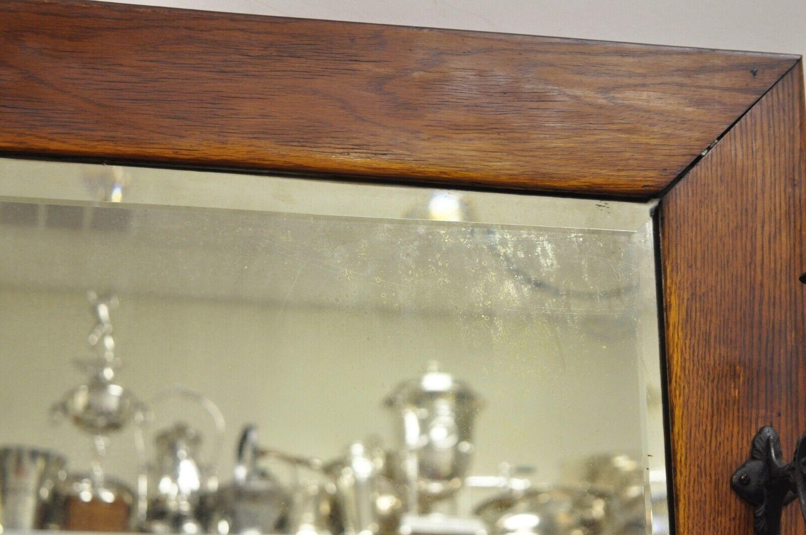 Antique Mission Arts & Crafts Oak Wood Beveled Glass Hall Mirror Iron Coat Hooks For Sale 3