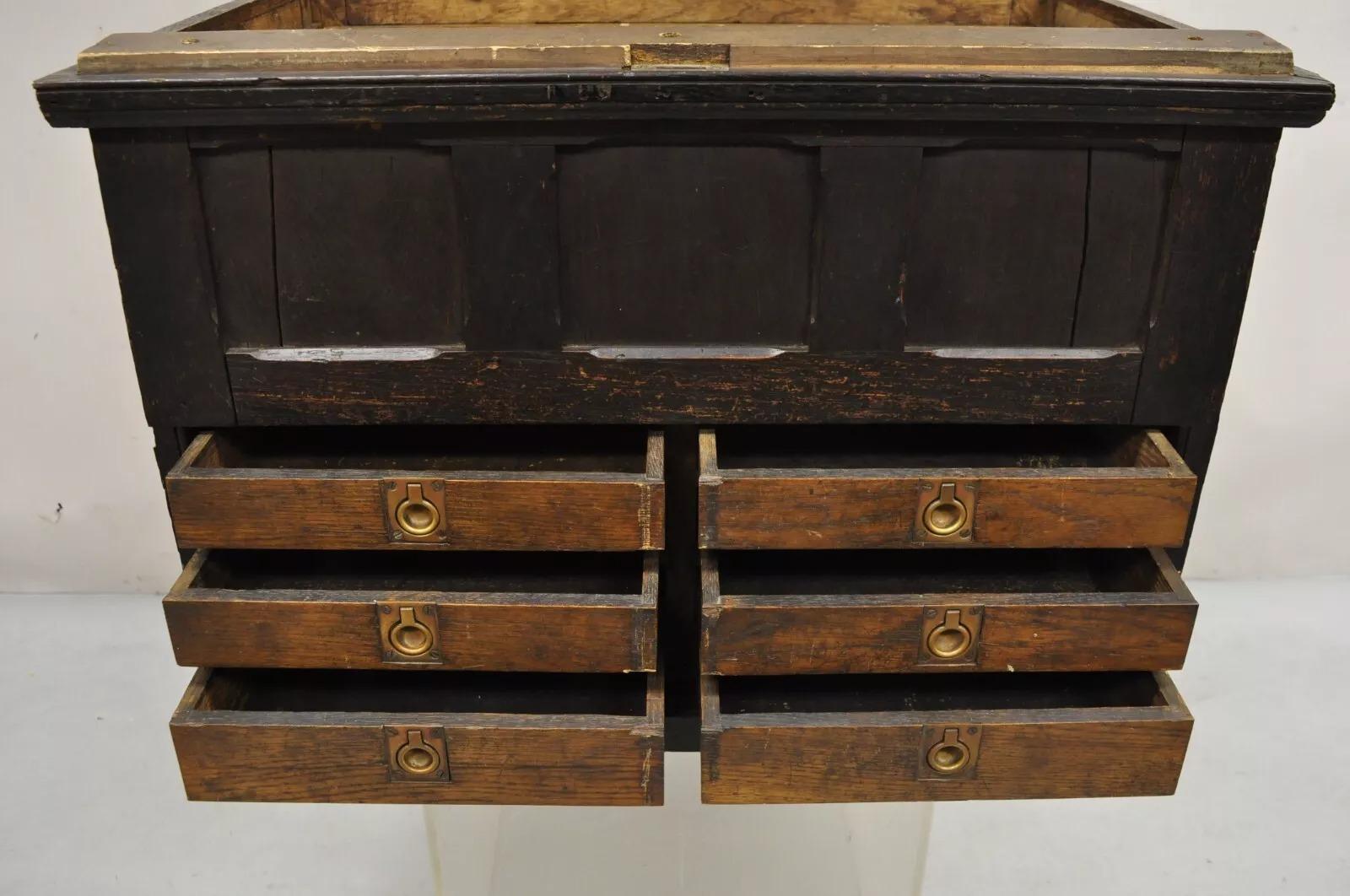Antique Mission Arts & Crafts Oak Wood Carpenters Tool Chest Cabinet w/ Drawers For Sale 4