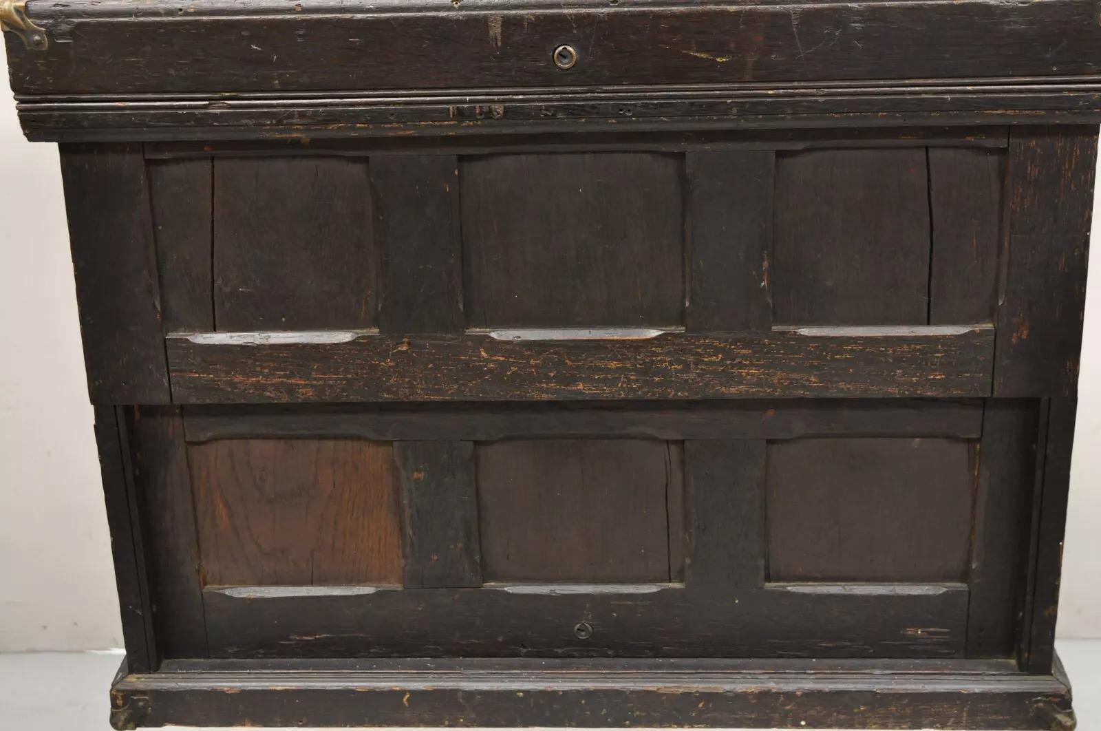 Antique English Mission Arts & Crafts Oak Wood Carpenters Tool Chest Parts Cabinet. Item features 6 hidden drawers, lift top with drawer and storage, unlocked no key. Very unique antique chest. Circa Late 19th Century. Measurements: 21