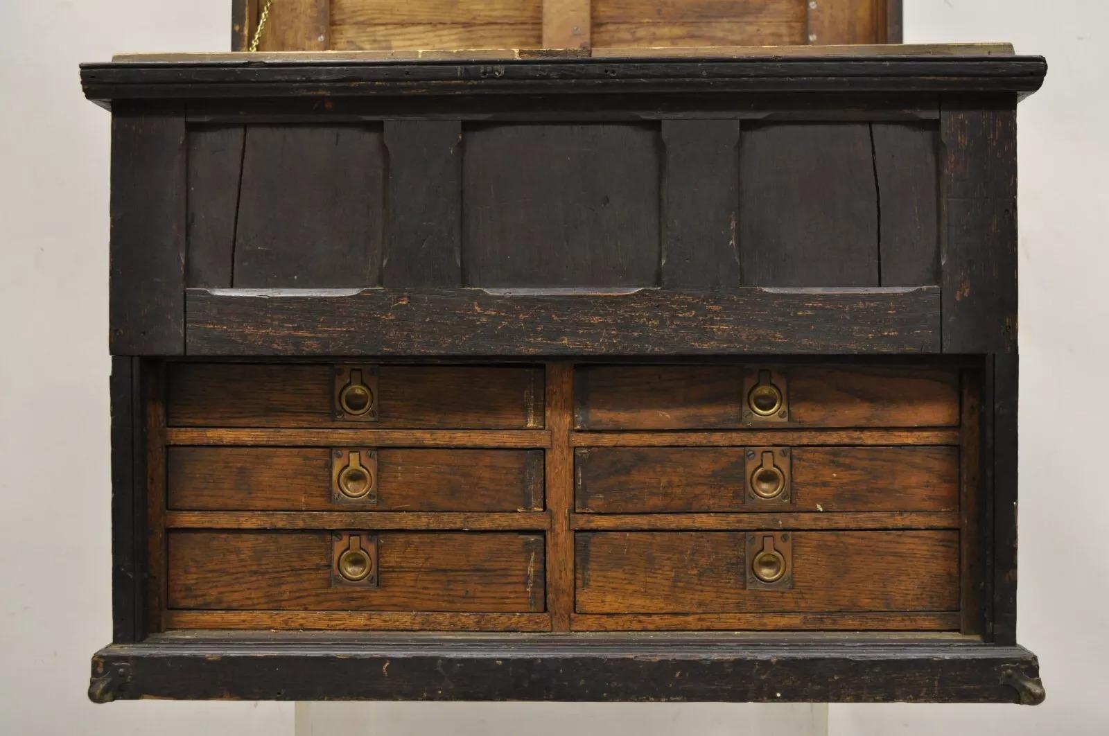 Industrial Antique Mission Arts & Crafts Oak Wood Carpenters Tool Chest Cabinet w/ Drawers For Sale