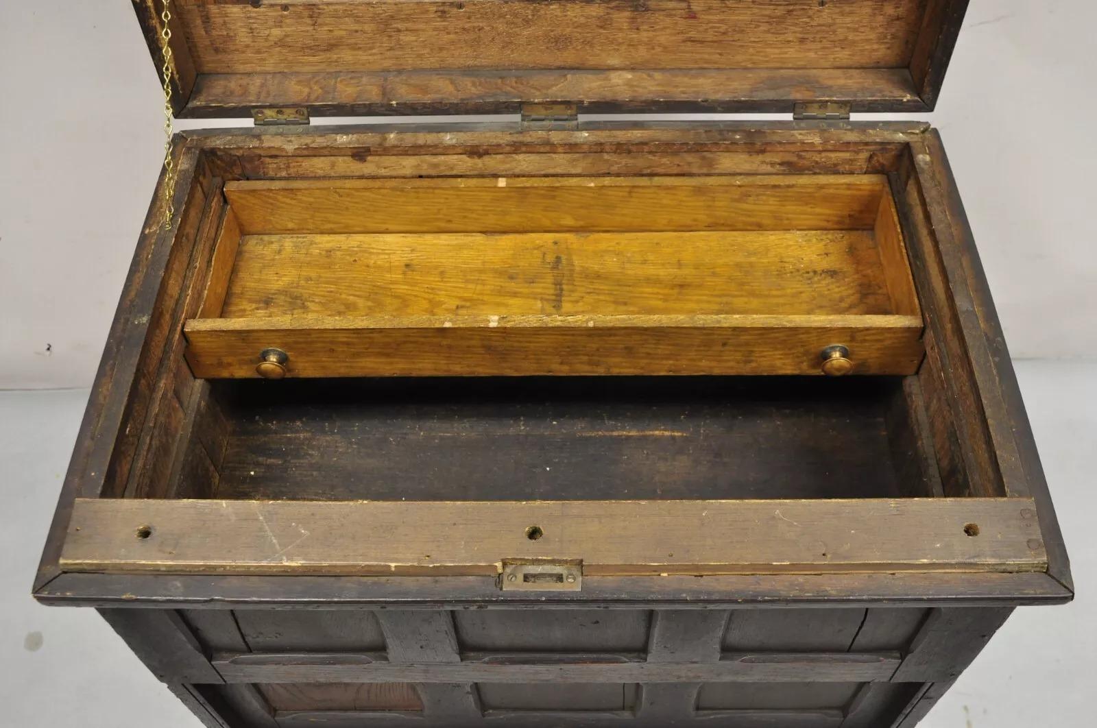 Antique Mission Arts & Crafts Oak Wood Carpenters Tool Chest Cabinet w/ Drawers For Sale 3