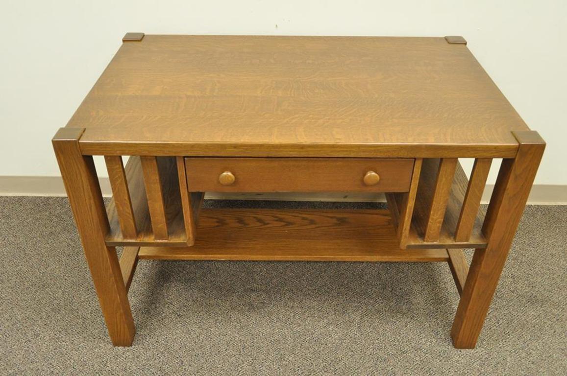 20th Century Antique Mission Arts & Crafts Oak Writing Library Desk Table Bookcase Sides