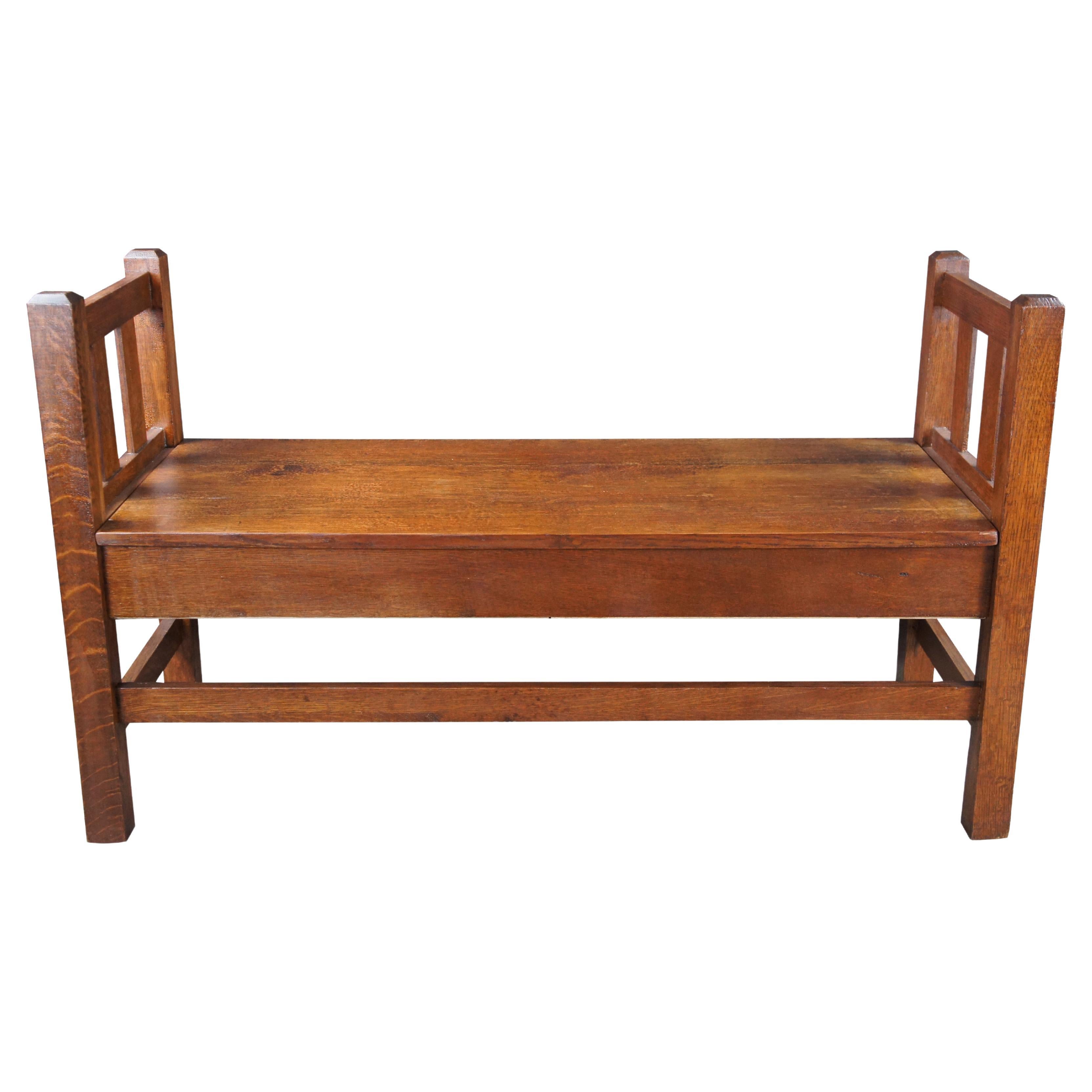 Antique Mission Arts 
Crafts Quartersawn Oak Hall Storage Bench Seat Settee 50" For Sale