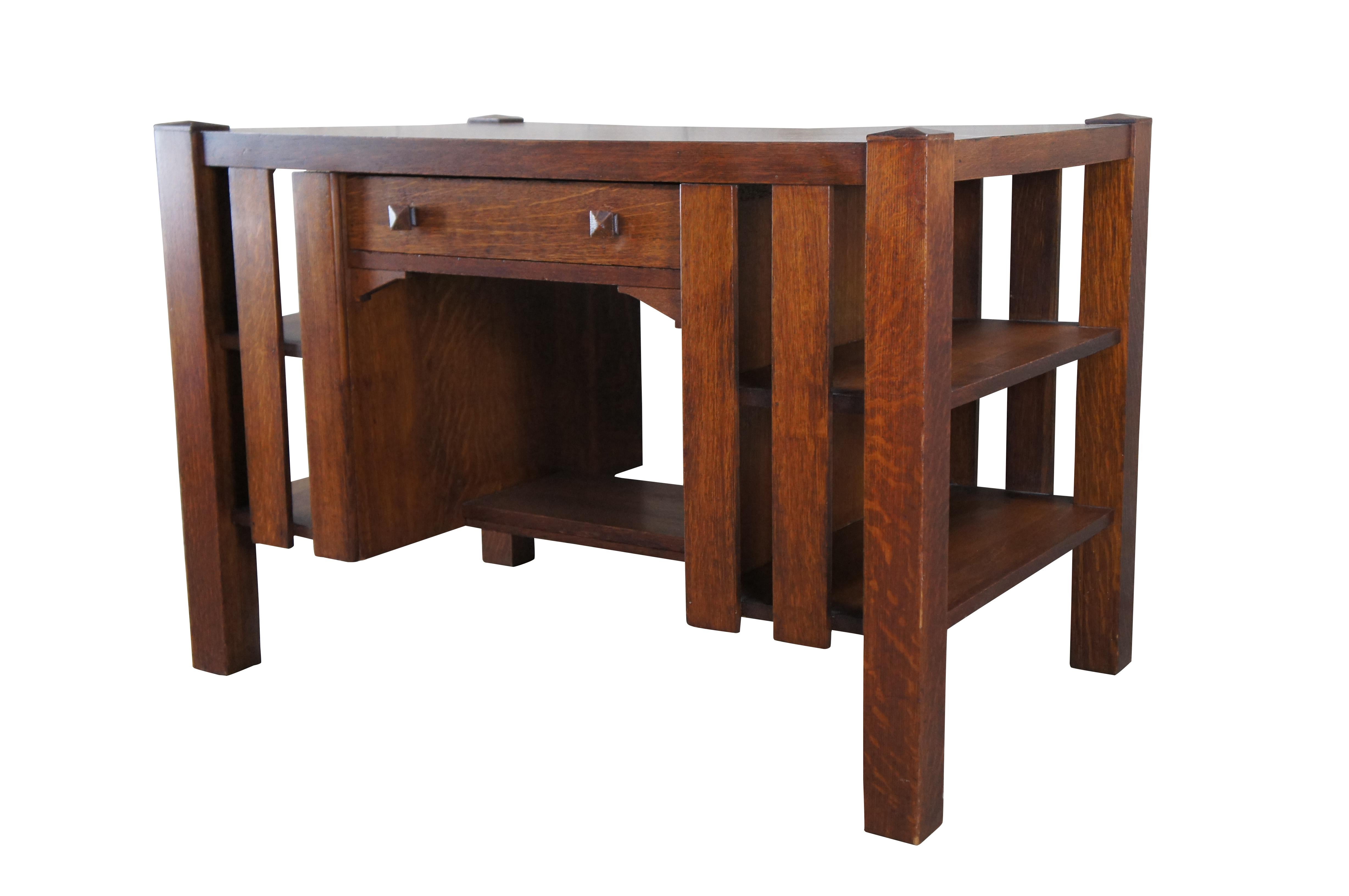 Antique Mission Arts Crafts Quartersawn Oak Library Bookcase Writing Desk Table In Good Condition In Dayton, OH