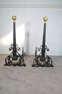 Antique Mission Arts & Crafts Scrolling Wrought Iron & Brass Large Andiron Set