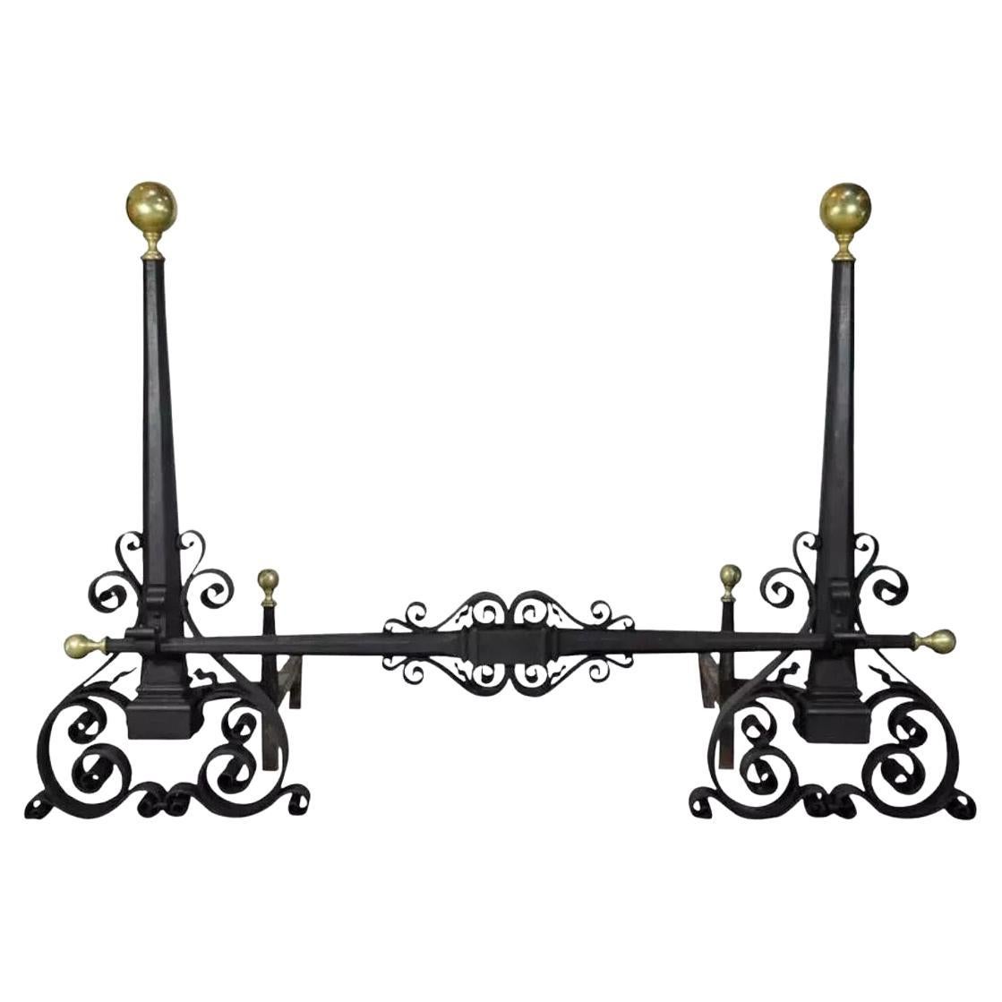Antike Mission Arts & Crafts Scrolling Schmiedeeisen & Messing große Andiron Set