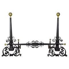 Antique Mission Arts & Crafts Scrolling Wrought Iron & Brass Large Andiron Set