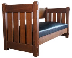 Antique Mission Arts & Crafts Walnut Vinyl Sofa Settee Couch Bench Craftsman