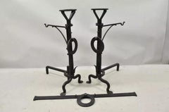 Antique Mission Arts & Crafts Wrought Iron Fireplace Andirons & Fender - 3pc Set