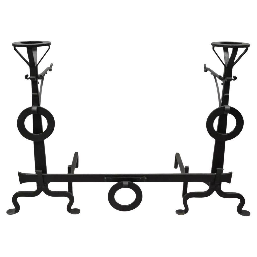 Antique Mission Works Arts & Craft Wrought Iron Fireplace Andirons & Fender - 3pc Set
