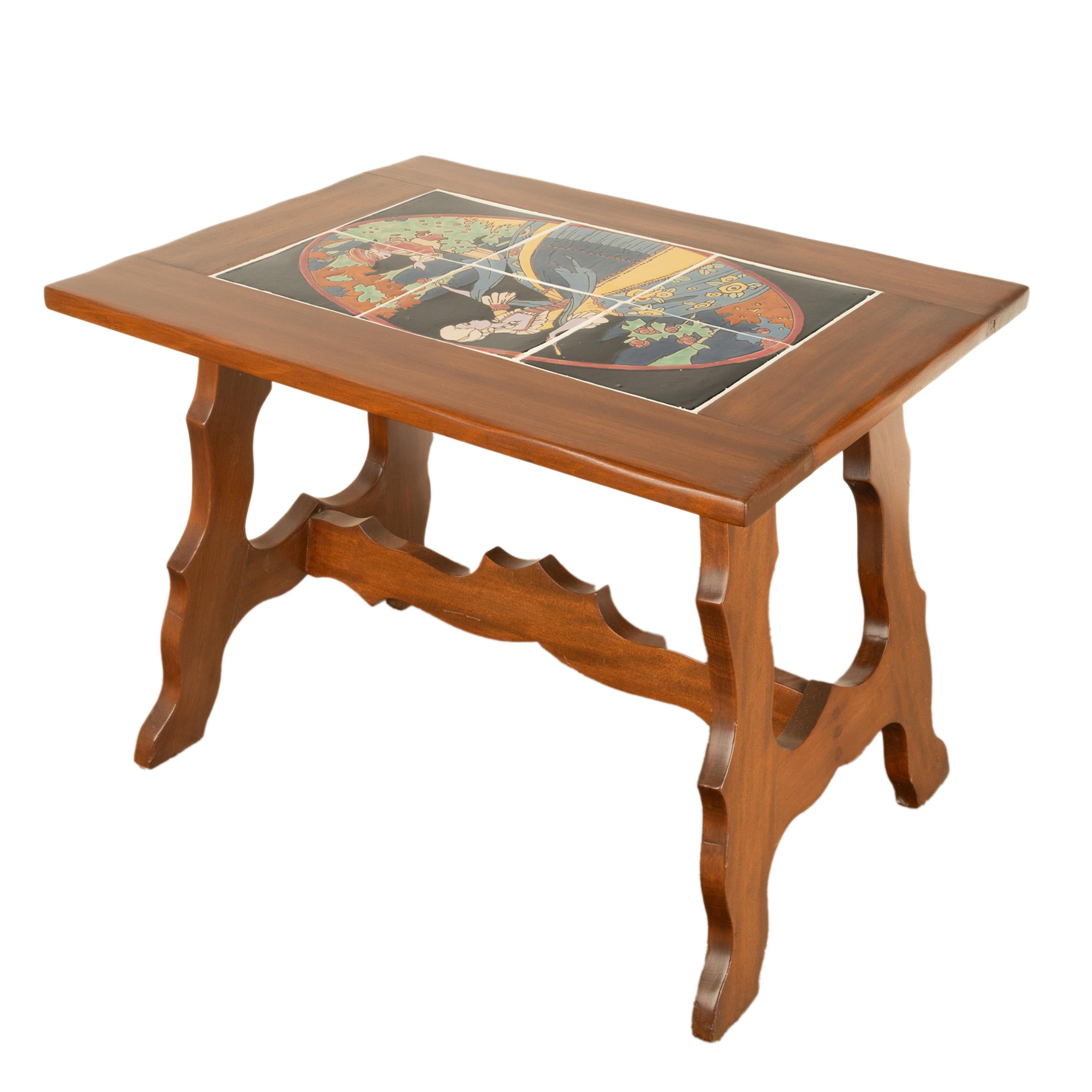 Glazed Antique Mission Catalina Monterrey California Tile Top Walnut Coffee Table 1930 For Sale