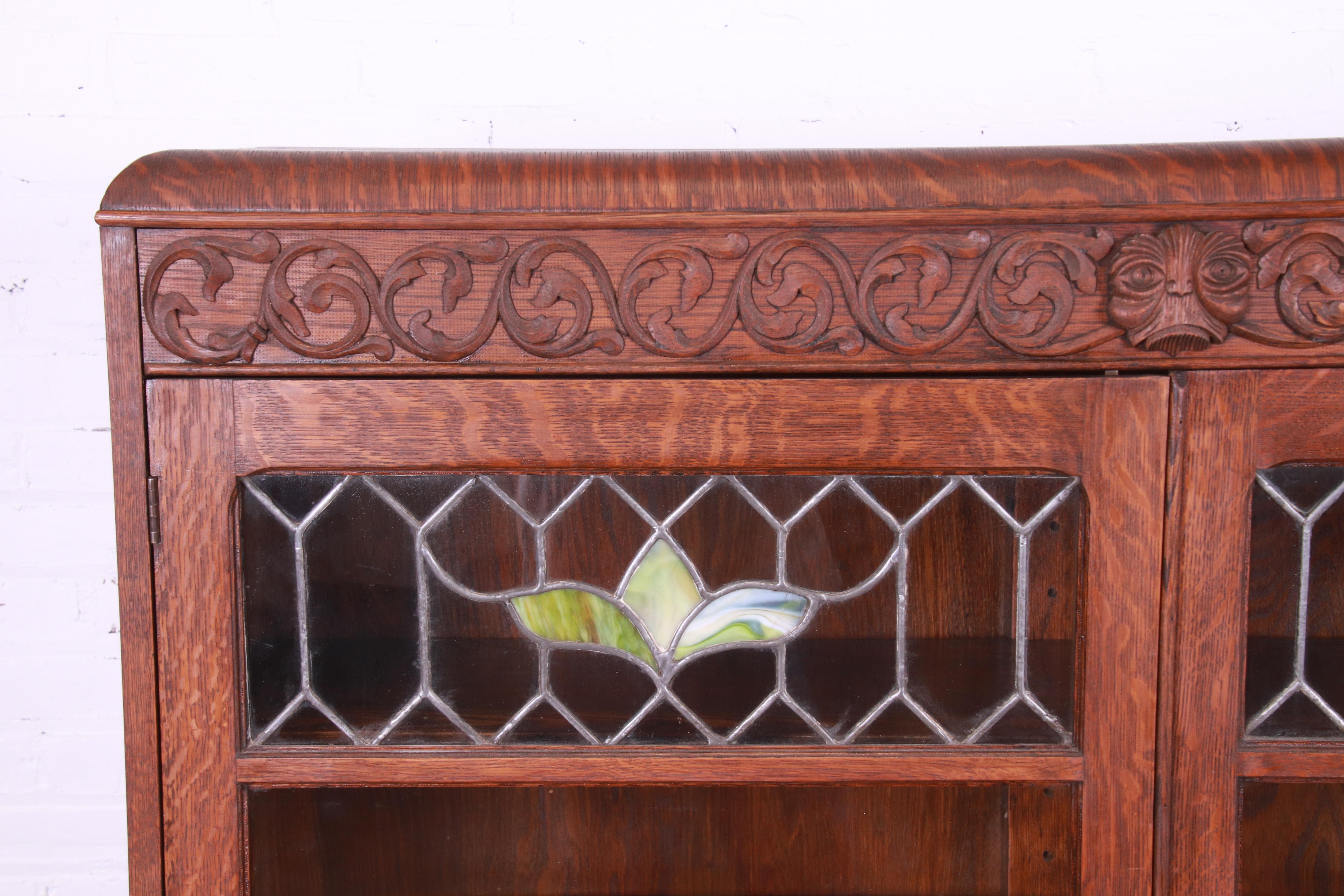 Stained Glass Antique Mission Oak Arts & Crafts Bookcase with Stained Leaded Glass Doors