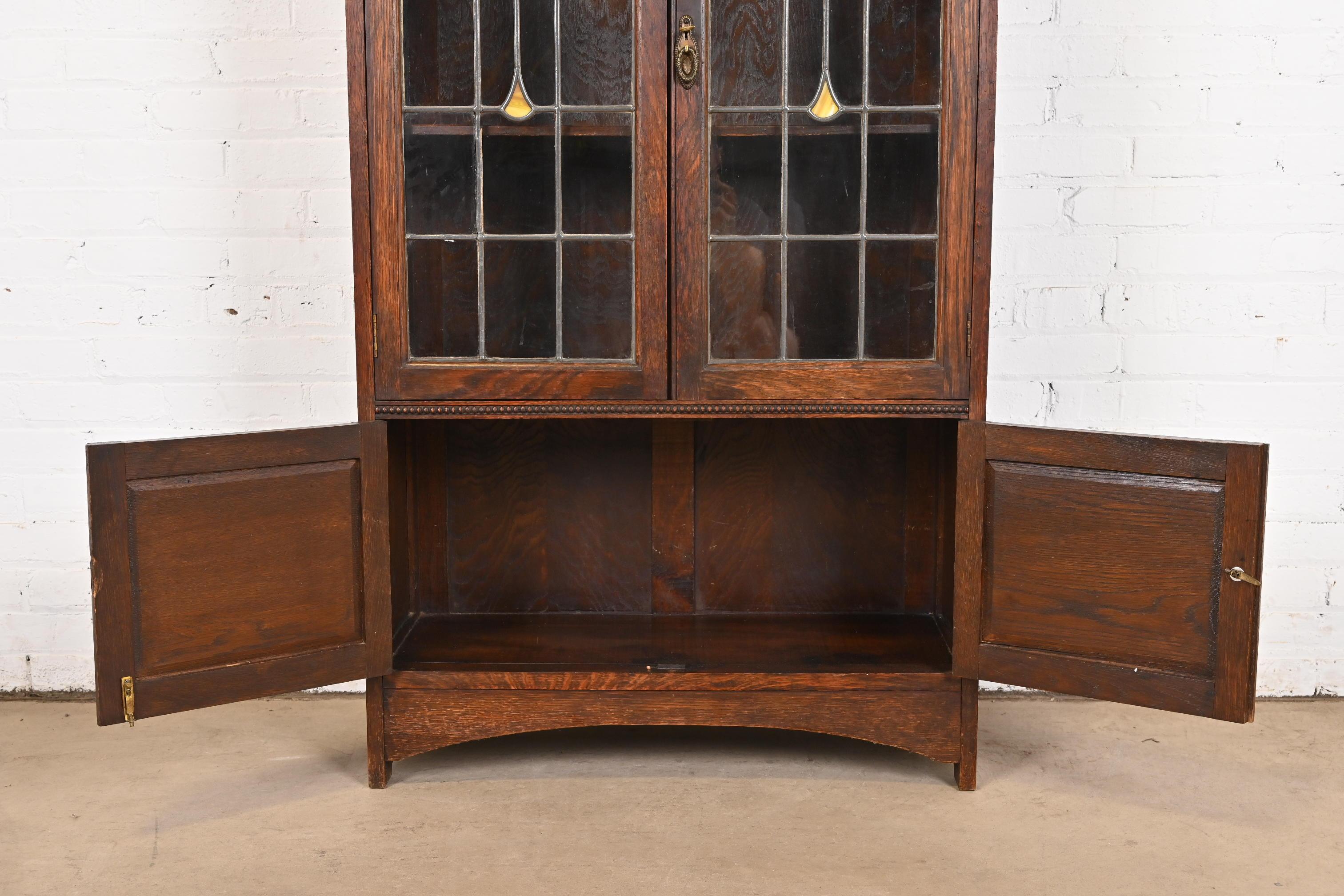 Antique Mission Oak Arts & Crafts Bookcase With Stained Leaded Glass Doors 4