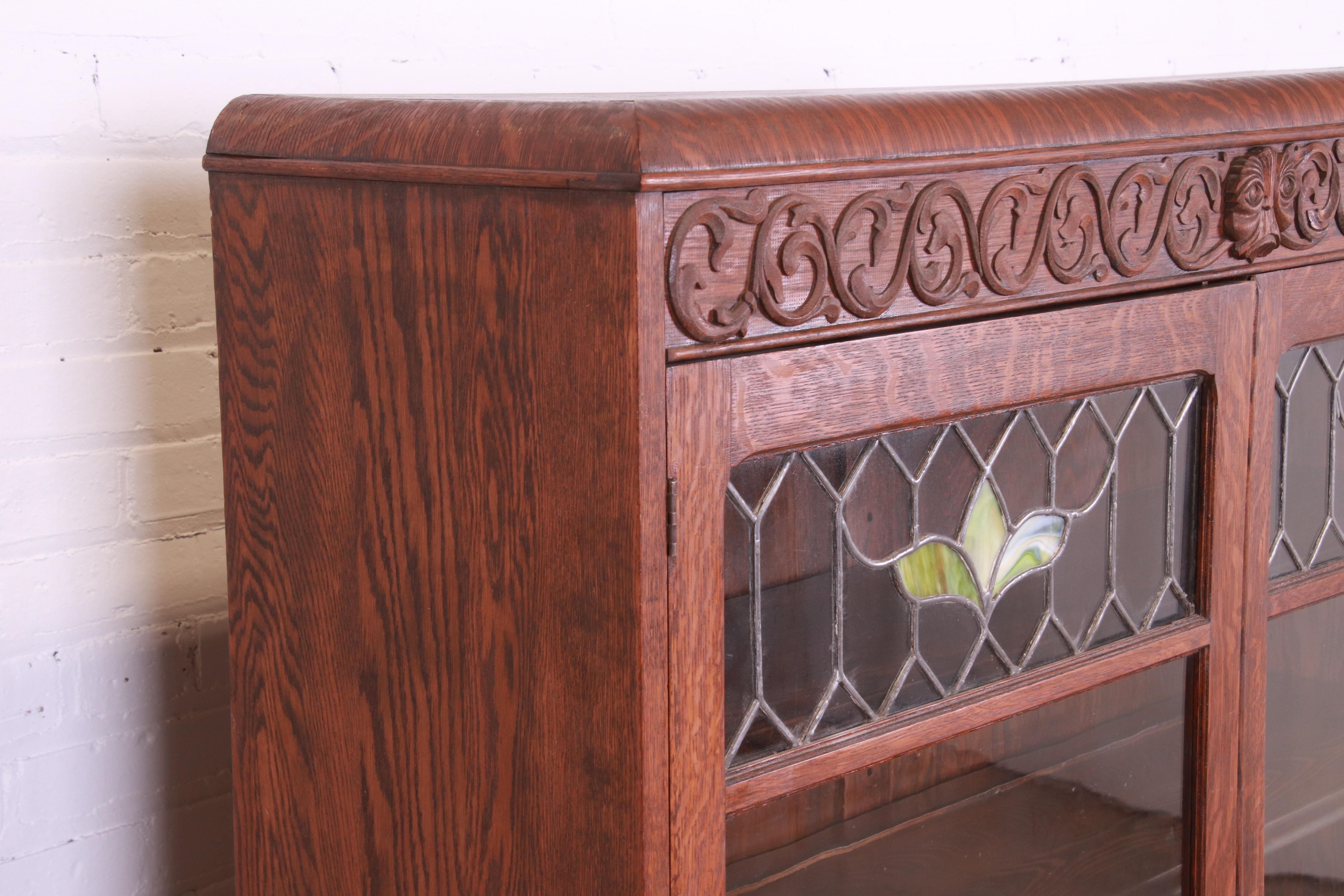 Antique Mission Oak Arts & Crafts Bookcase with Stained Leaded Glass Doors 4
