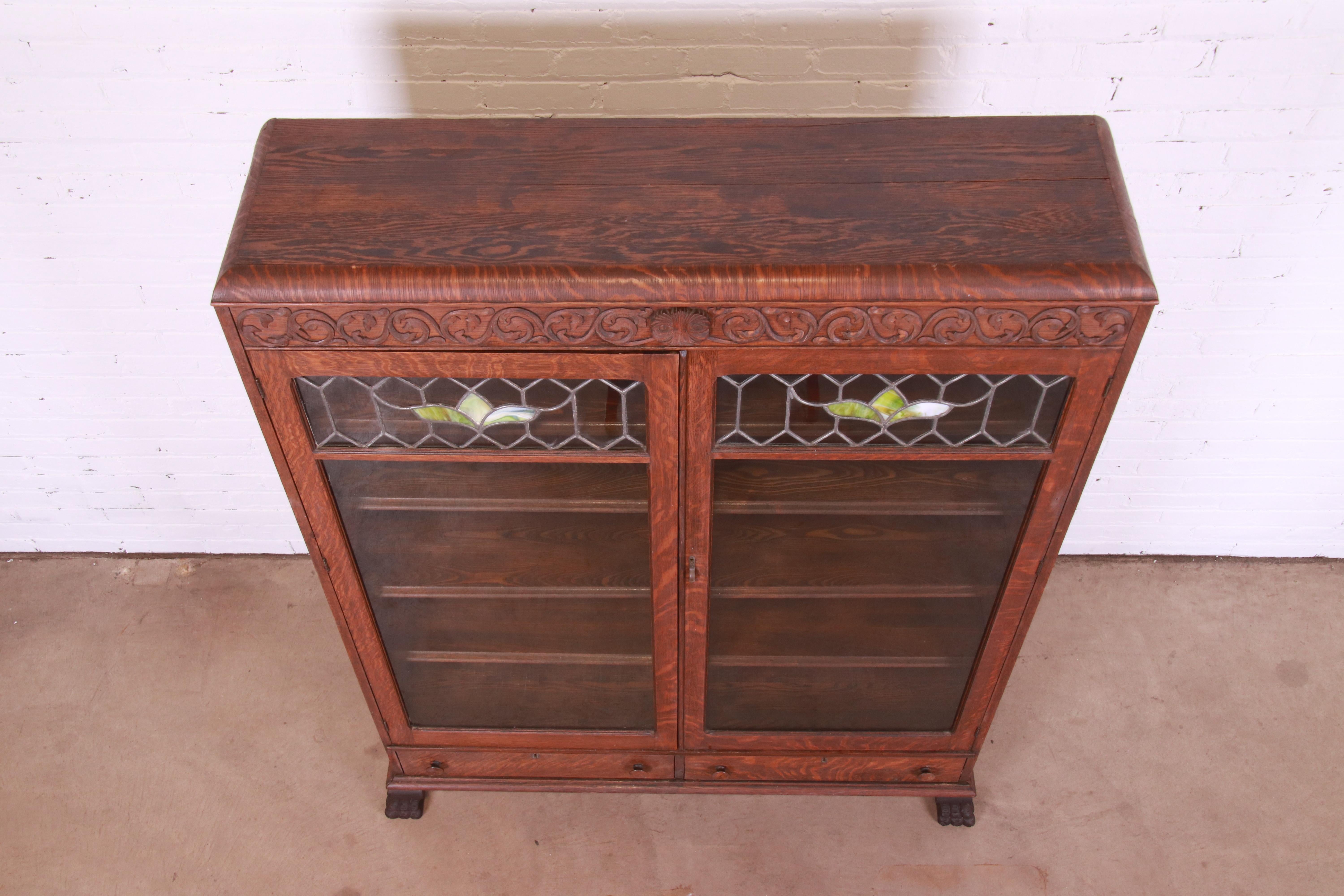 Antique Mission Oak Arts & Crafts Bookcase with Stained Leaded Glass Doors 6