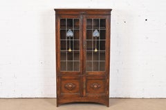 Antique Mission Oak Arts & Crafts Bookcase With Stained Leaded Glass Doors