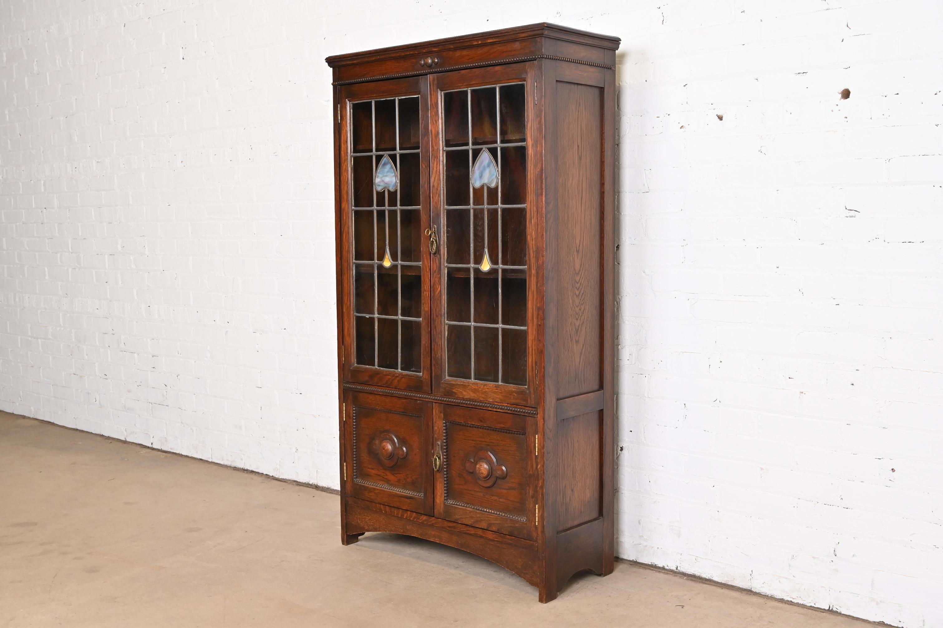 Arts and Crafts Antique Mission Oak Arts & Crafts Bookcase With Stained Leaded Glass Doors