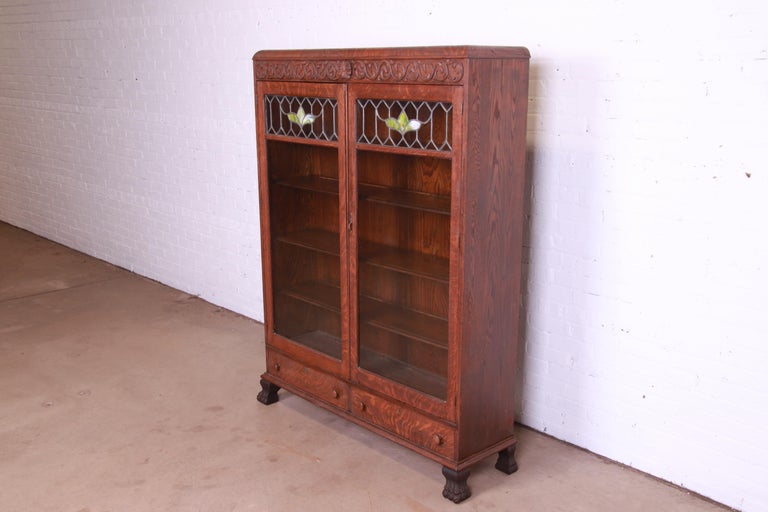 Antique Mission Oak Arts and Crafts Bookcase with Stained Leaded Glass