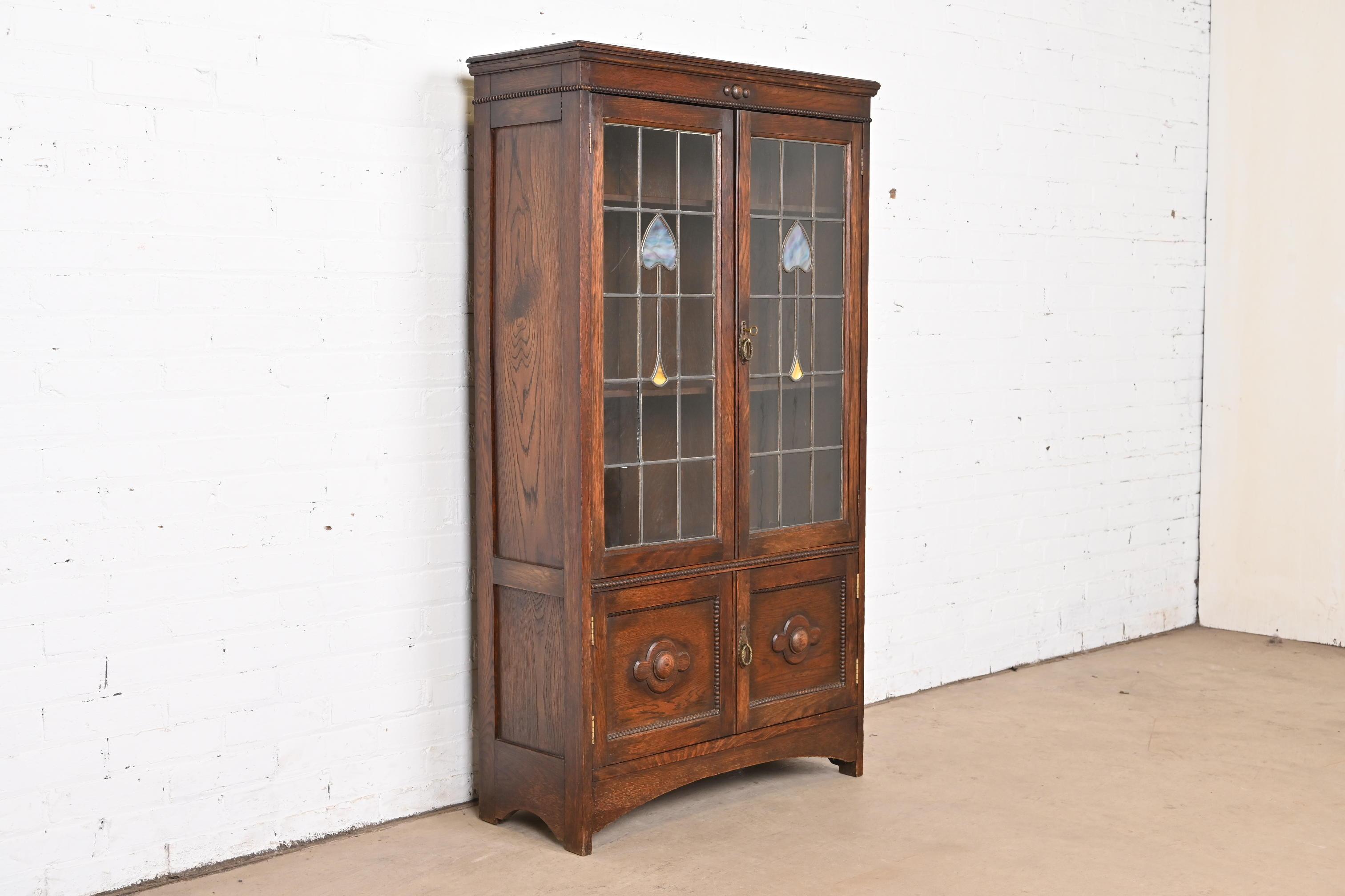American Antique Mission Oak Arts & Crafts Bookcase With Stained Leaded Glass Doors