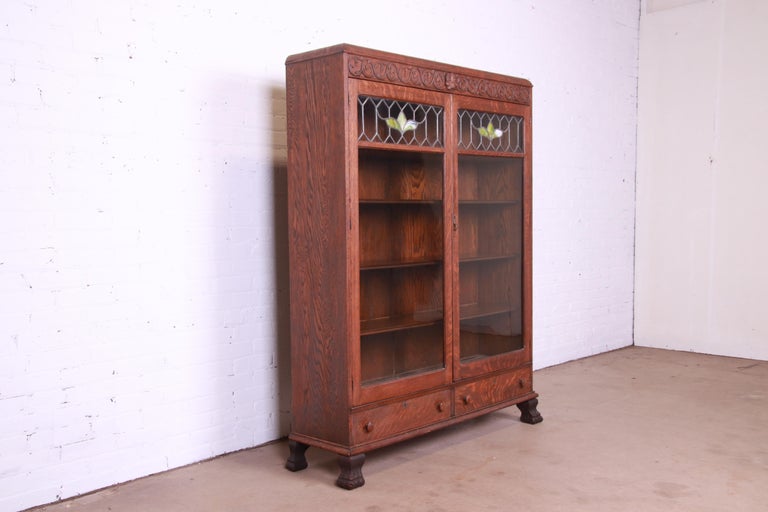 Antique Mission Oak Arts and Crafts Bookcase with Stained Leaded Glass