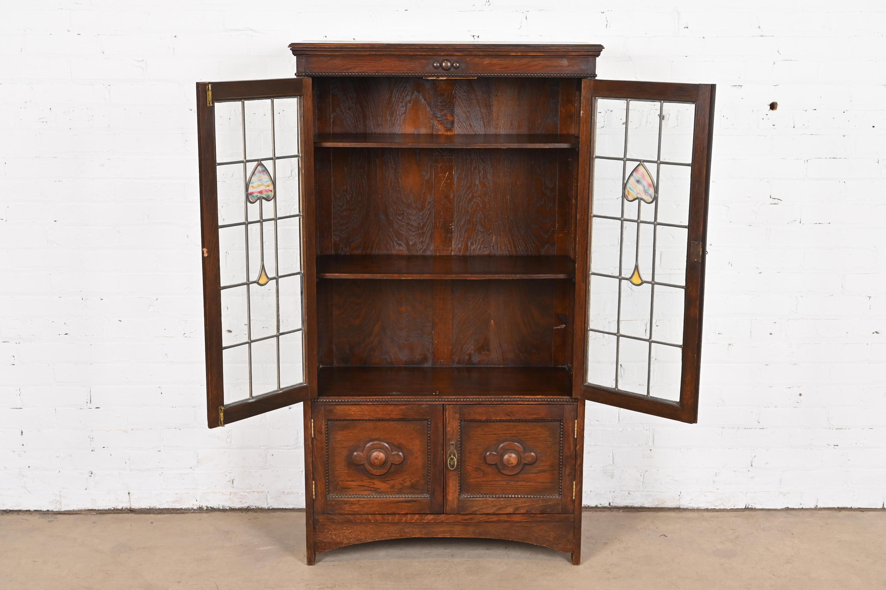 20th Century Antique Mission Oak Arts & Crafts Bookcase With Stained Leaded Glass Doors