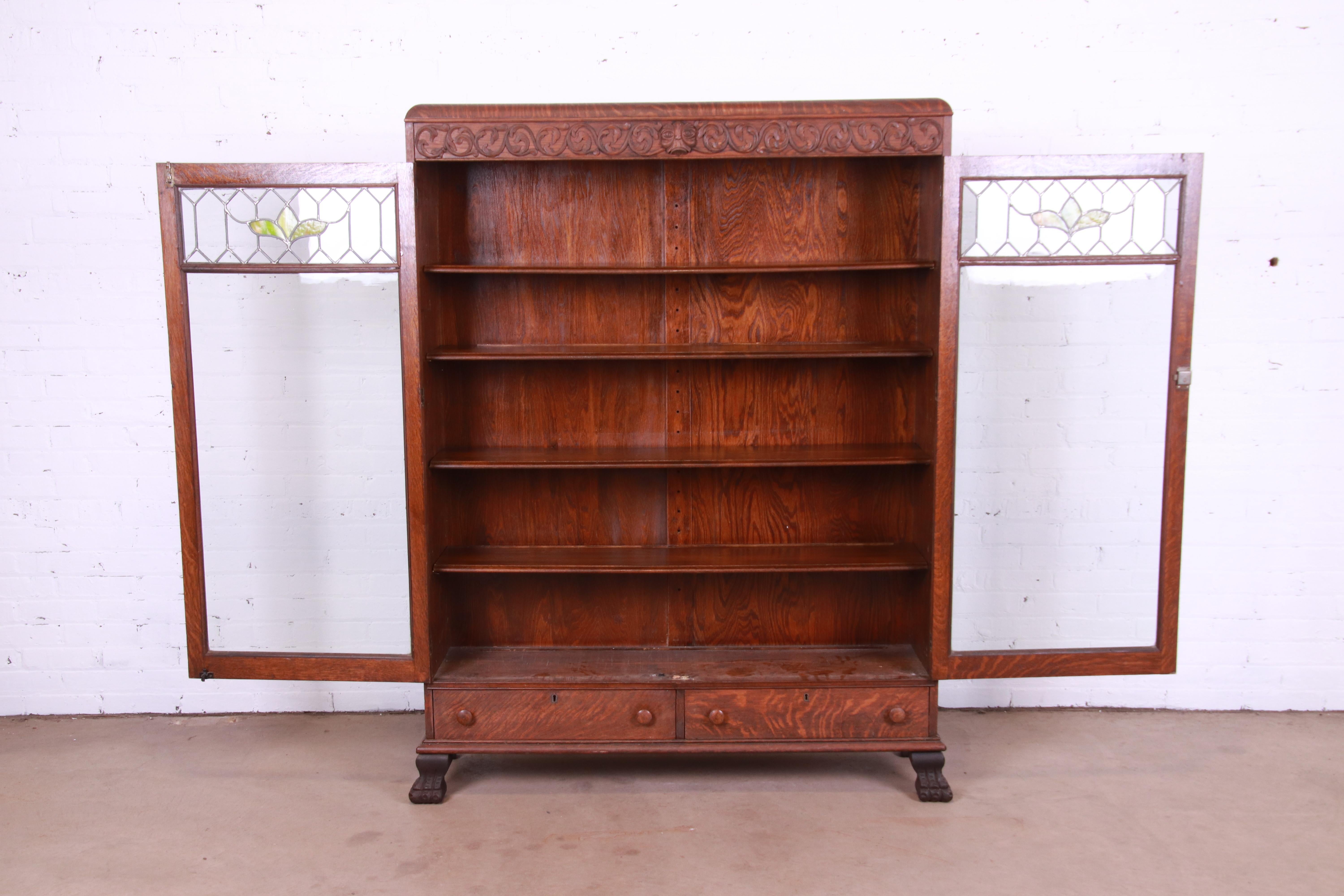 American Antique Mission Oak Arts & Crafts Bookcase with Stained Leaded Glass Doors