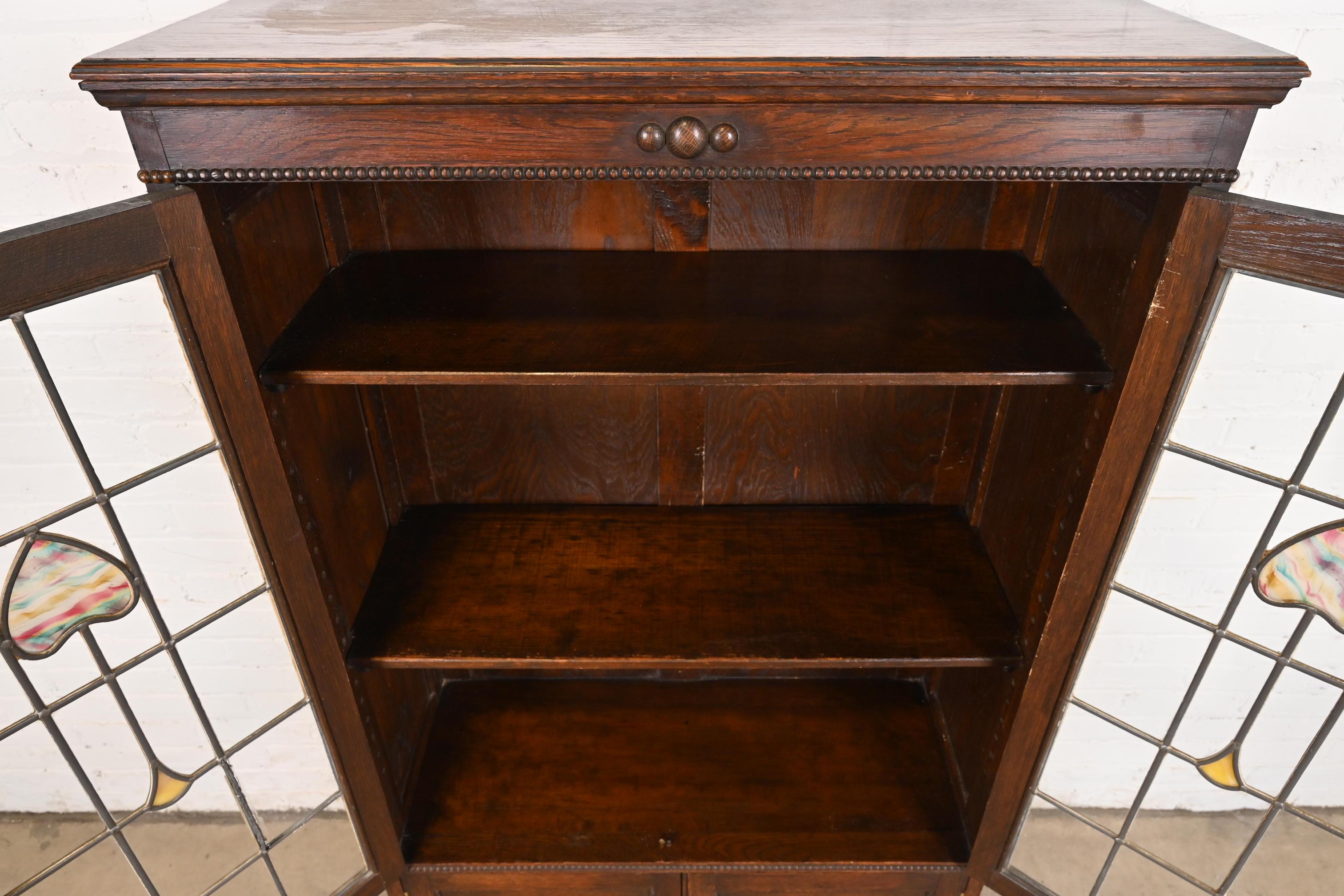 Antique Mission Oak Arts & Crafts Bookcase With Stained Leaded Glass Doors 1