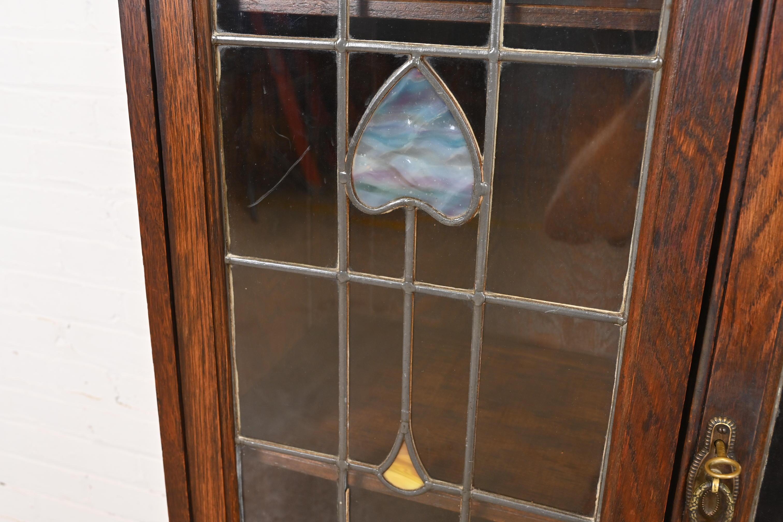 Antique Mission Oak Arts & Crafts Bookcase With Stained Leaded Glass Doors 2