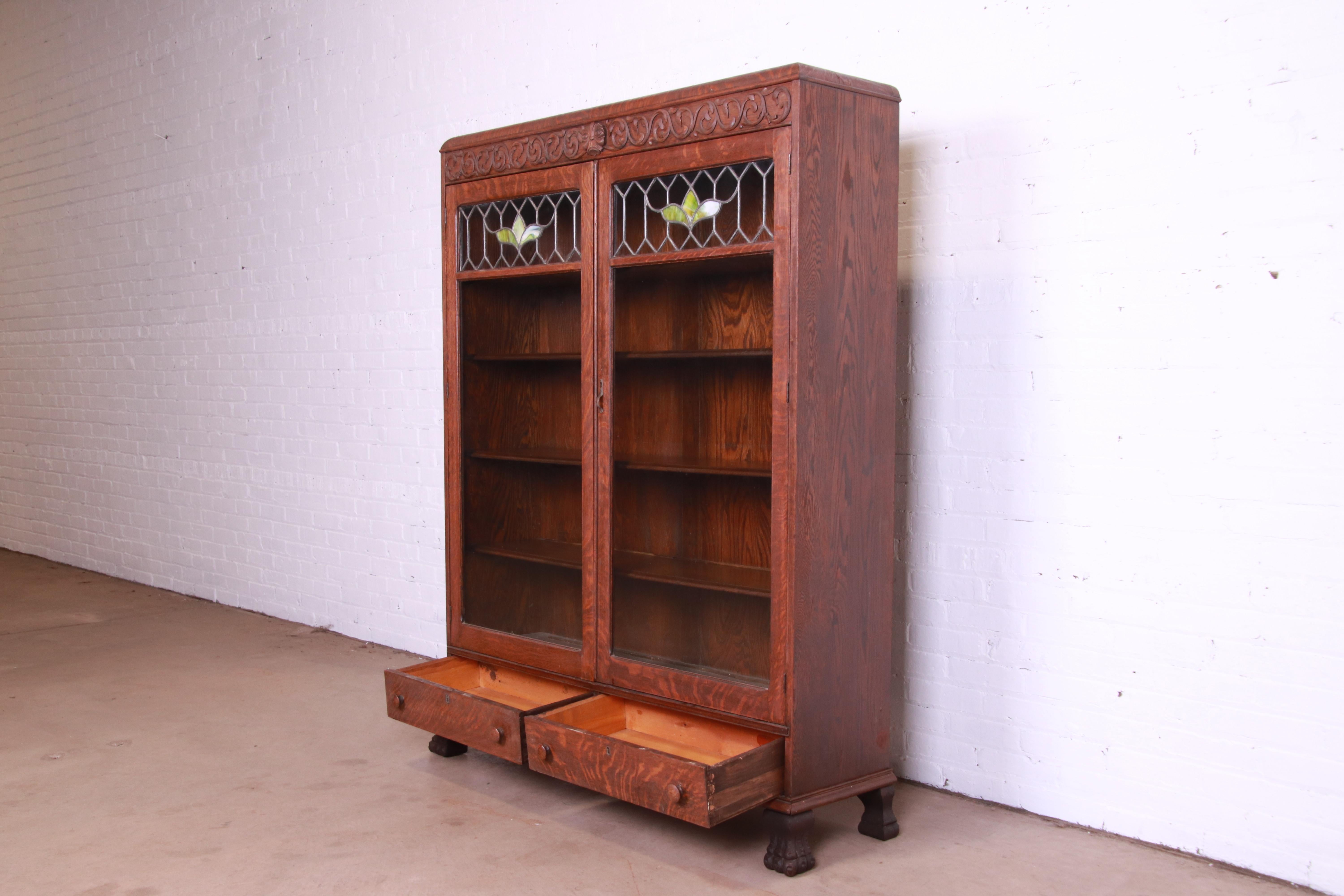 20th Century Antique Mission Oak Arts & Crafts Bookcase with Stained Leaded Glass Doors