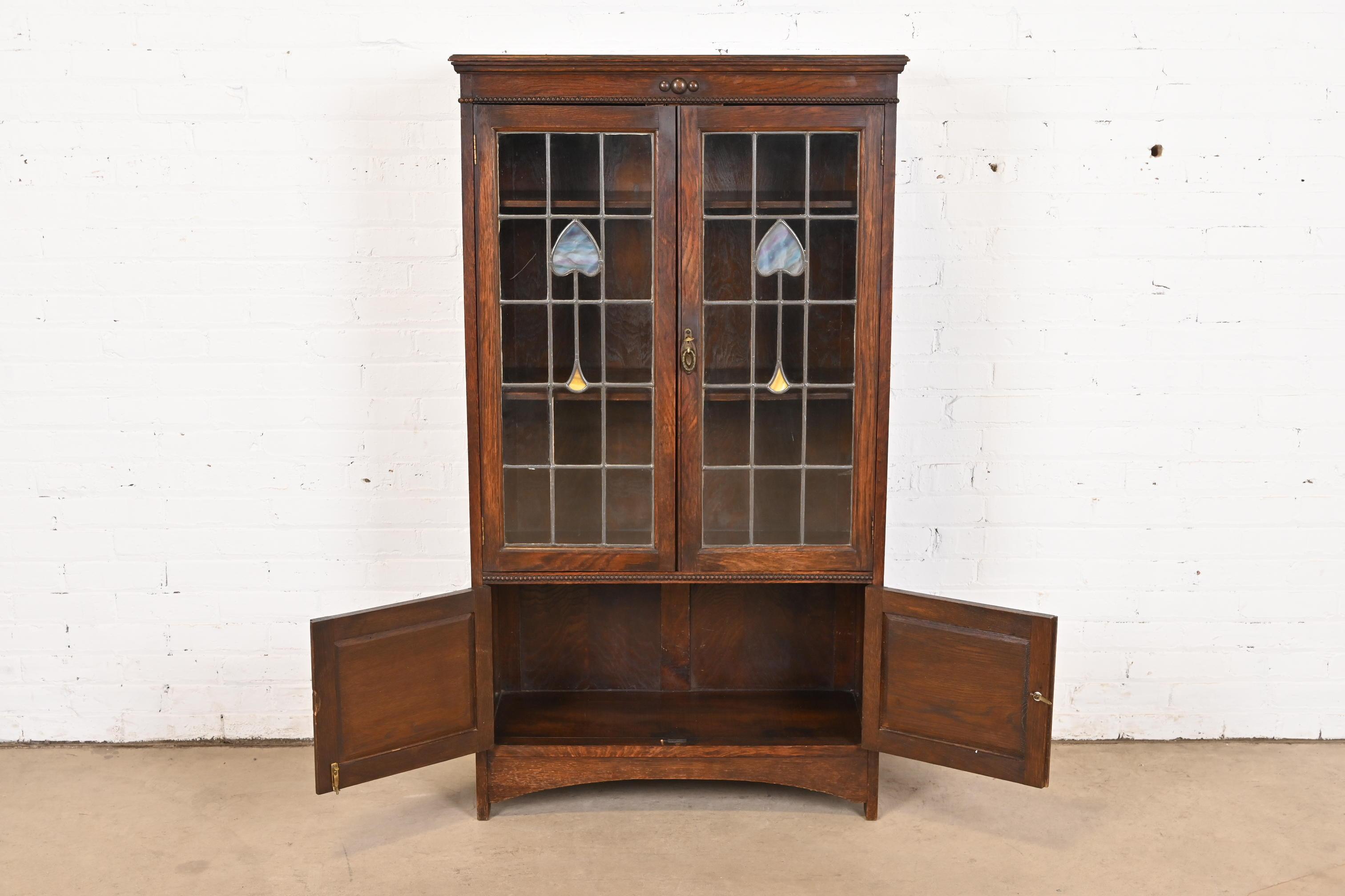 Antique Mission Oak Arts & Crafts Bookcase With Stained Leaded Glass Doors 3