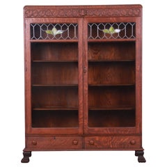 Antique Mission Oak Arts & Crafts Bookcase with Stained Leaded Glass Doors