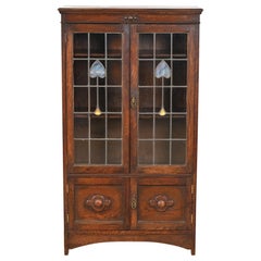 Antique Mission Oak Arts & Crafts Bookcase With Stained Leaded Glass Doors