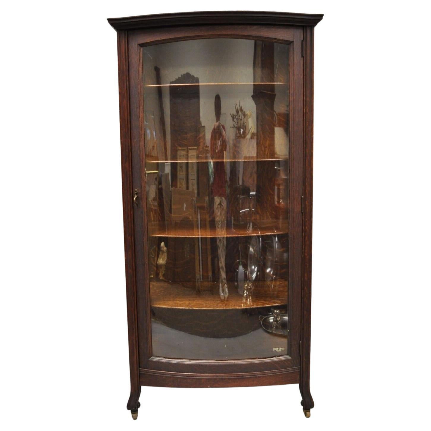 Antique Mission Oak Arts & Crafts Bowed Front China Display Cabinet Curio For Sale
