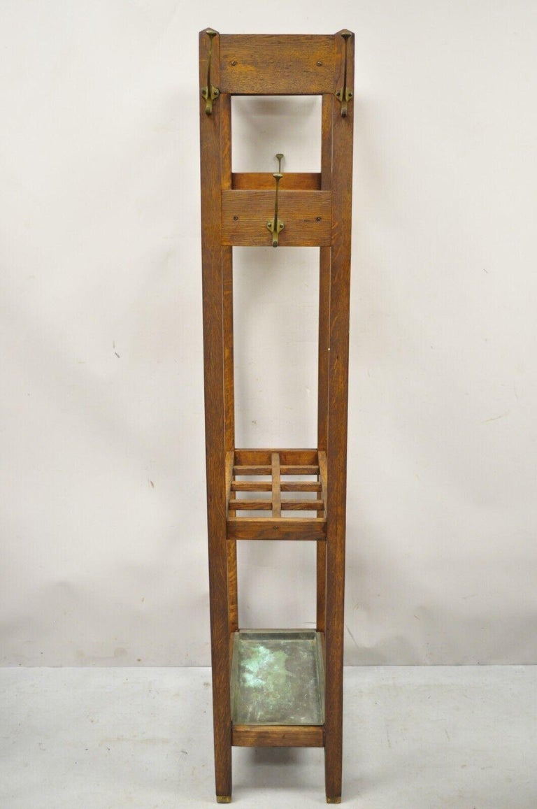 Antique Mission Oak Arts and Crafts Coat Hook Hall Tree Umbrella Stand