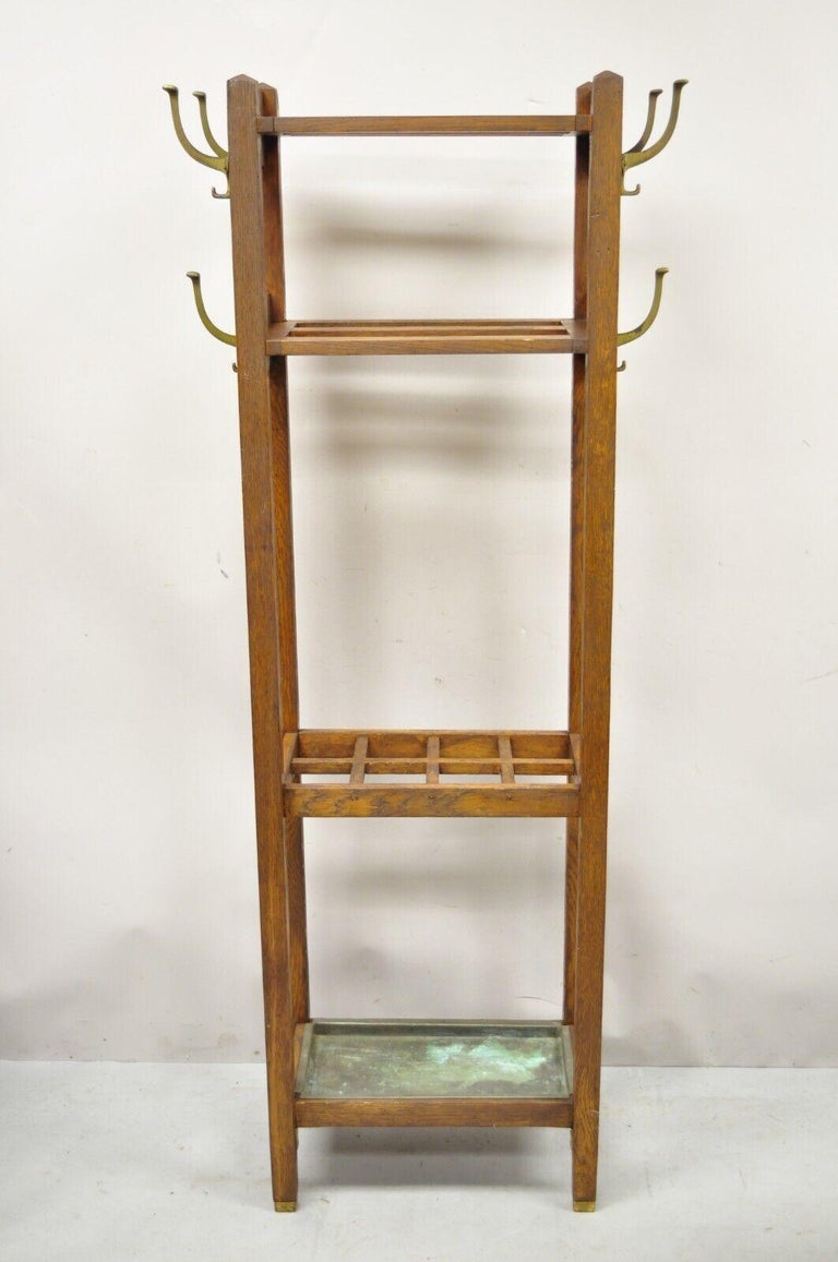 Antique Mission Oak Arts and Crafts Coat Hook Hall Tree Umbrella Stand