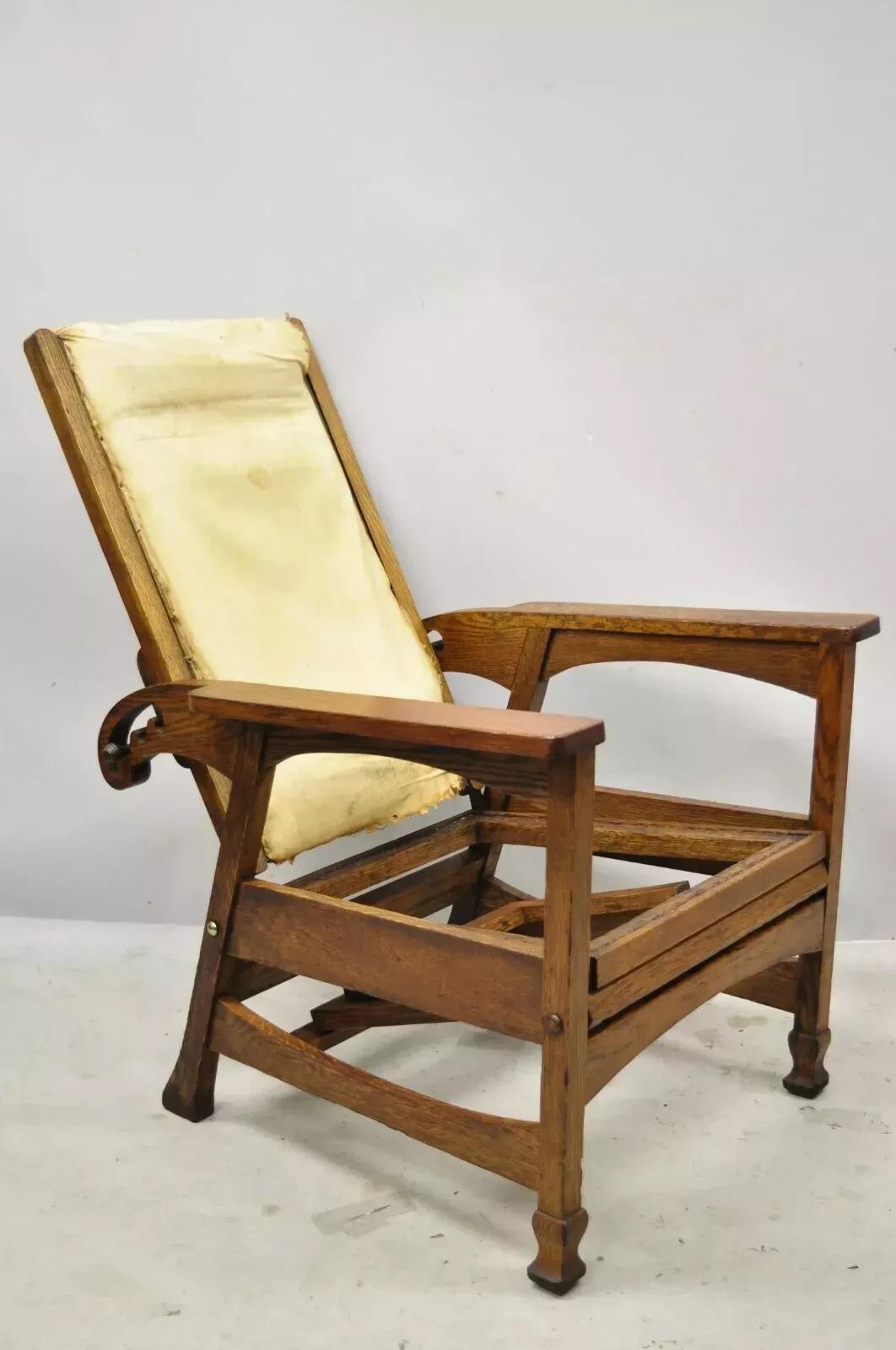 Ancienne Mission Oak Arts & Craft Chaise Morris inclinable avec repose-pieds pivotant Ottoman en vente 5