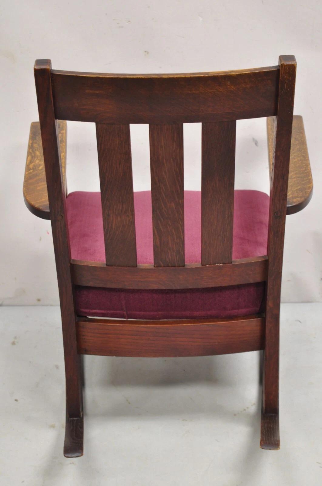 Antique Mission Oak Arts & Crafts Slat Back Stickley Style Rocker Rocking Chair For Sale 4