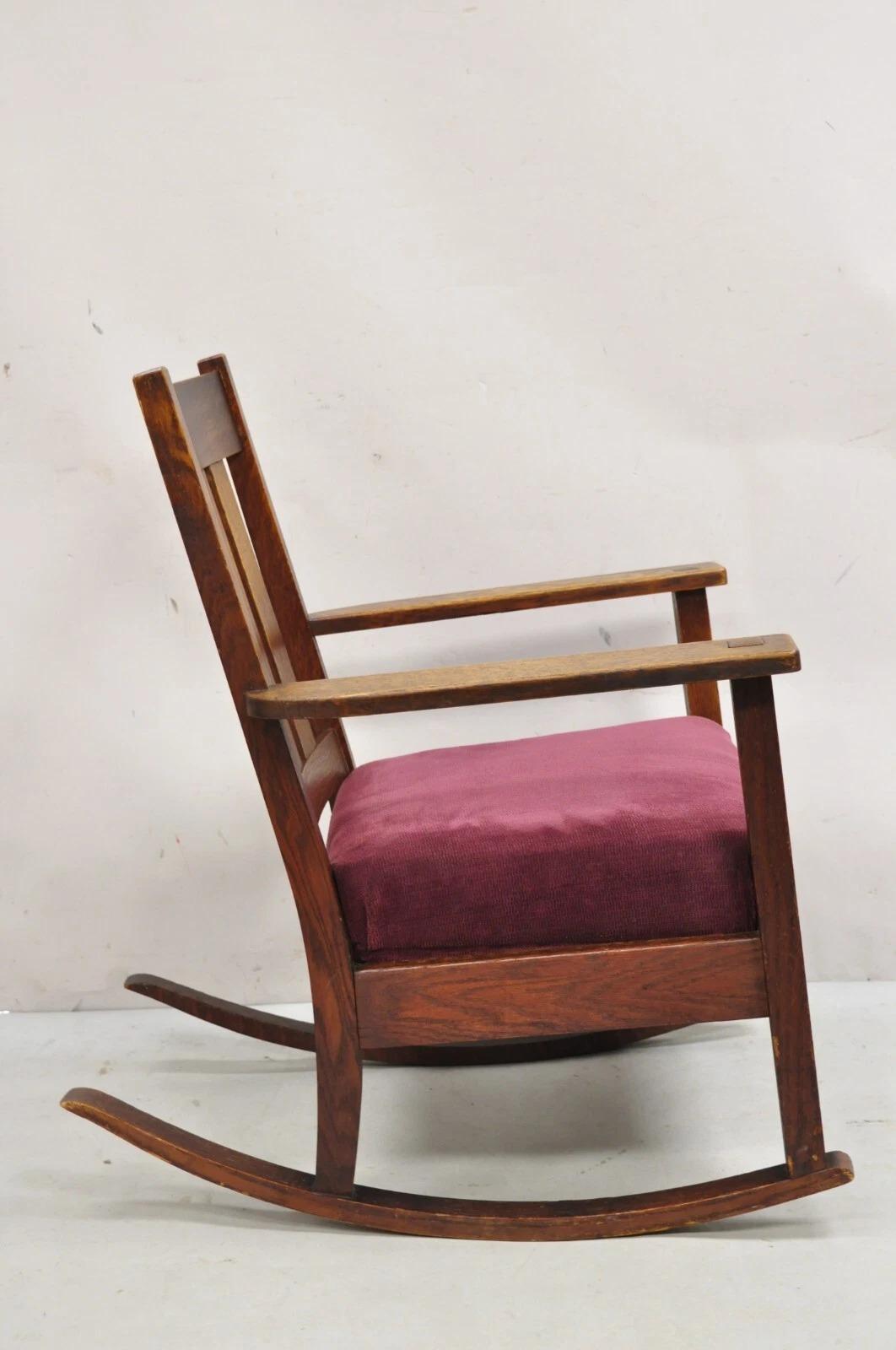 Antique Mission Oak Arts & Crafts Slat Back Stickley Style Rocker Rocking Chair For Sale 5