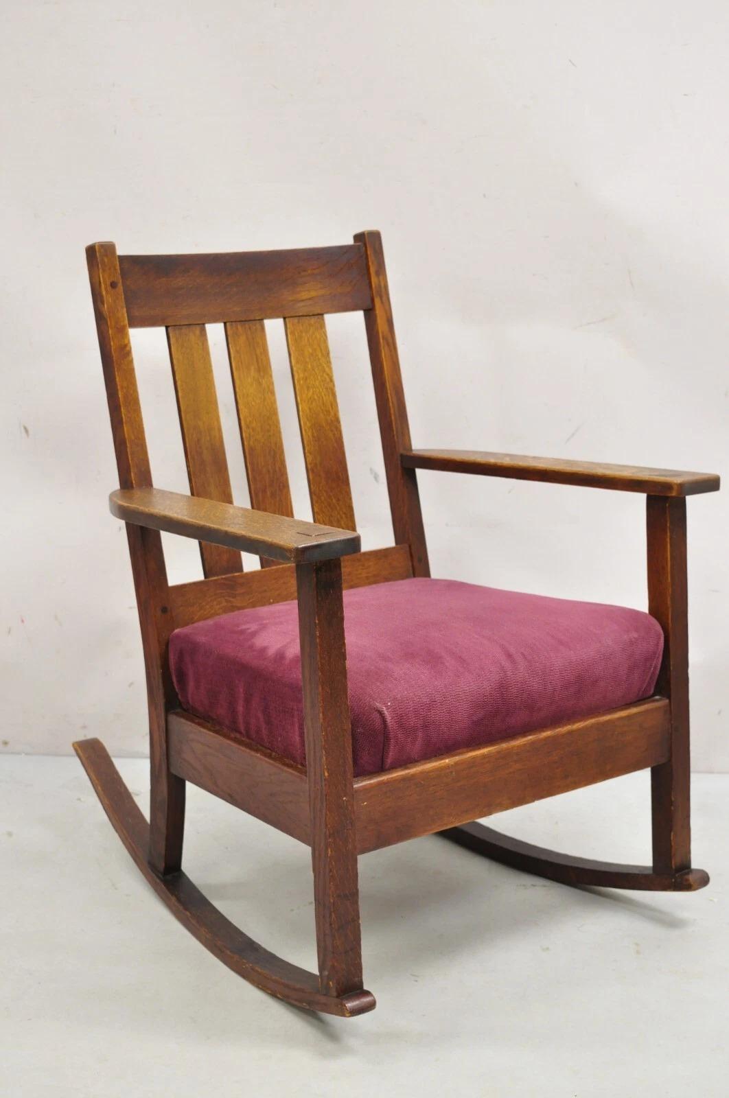 Antique Mission Oak Arts & Crafts Slat Back Stickley Style Rocker Rocking Chair For Sale 6