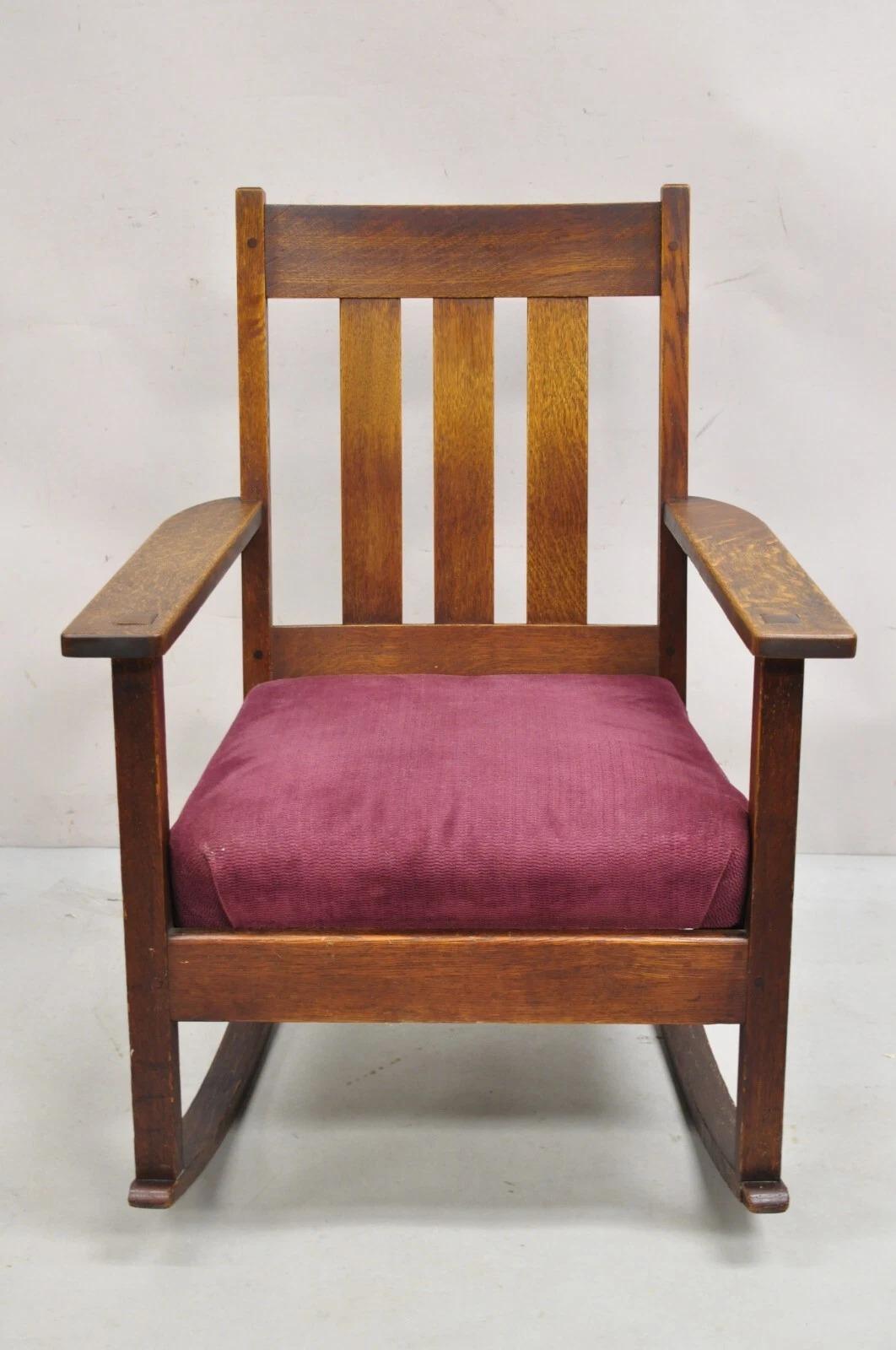 Antique Mission Oak Arts & Crafts Slat Back Stickley Style Rocker Rocking Chair. Circa Early 20th Century. Measurements: 34