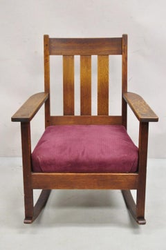 Antique Mission Oak Arts & Crafts Slat Back Stickley Style Rocker Rocking Chair