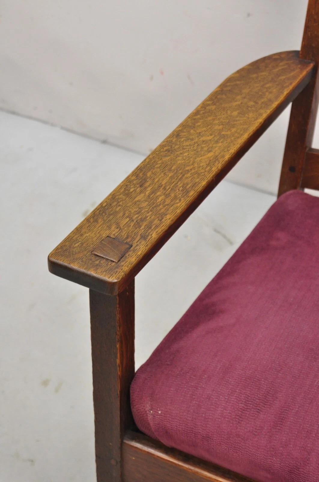Antique Mission Oak Arts & Crafts Slat Back Stickley Style Rocker Rocking Chair For Sale 1
