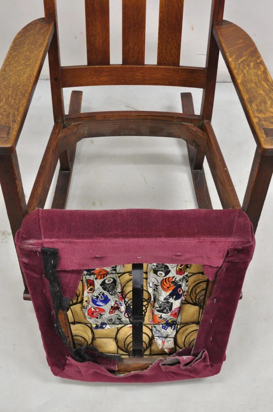 Antique Mission Oak Arts & Crafts Slat Back Stickley Style Rocker Rocking Chair For Sale 3