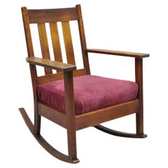 Antique Mission Oak Arts & Crafts Slat Back Stickley Style Rocker Rocking Chair