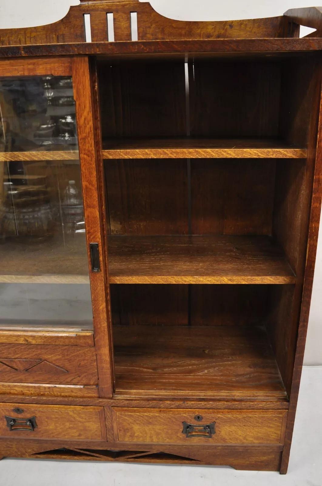 Antique Mission Oak Arts & Crafts Small Sliding Door Bookcase Curio with Drawers For Sale 3
