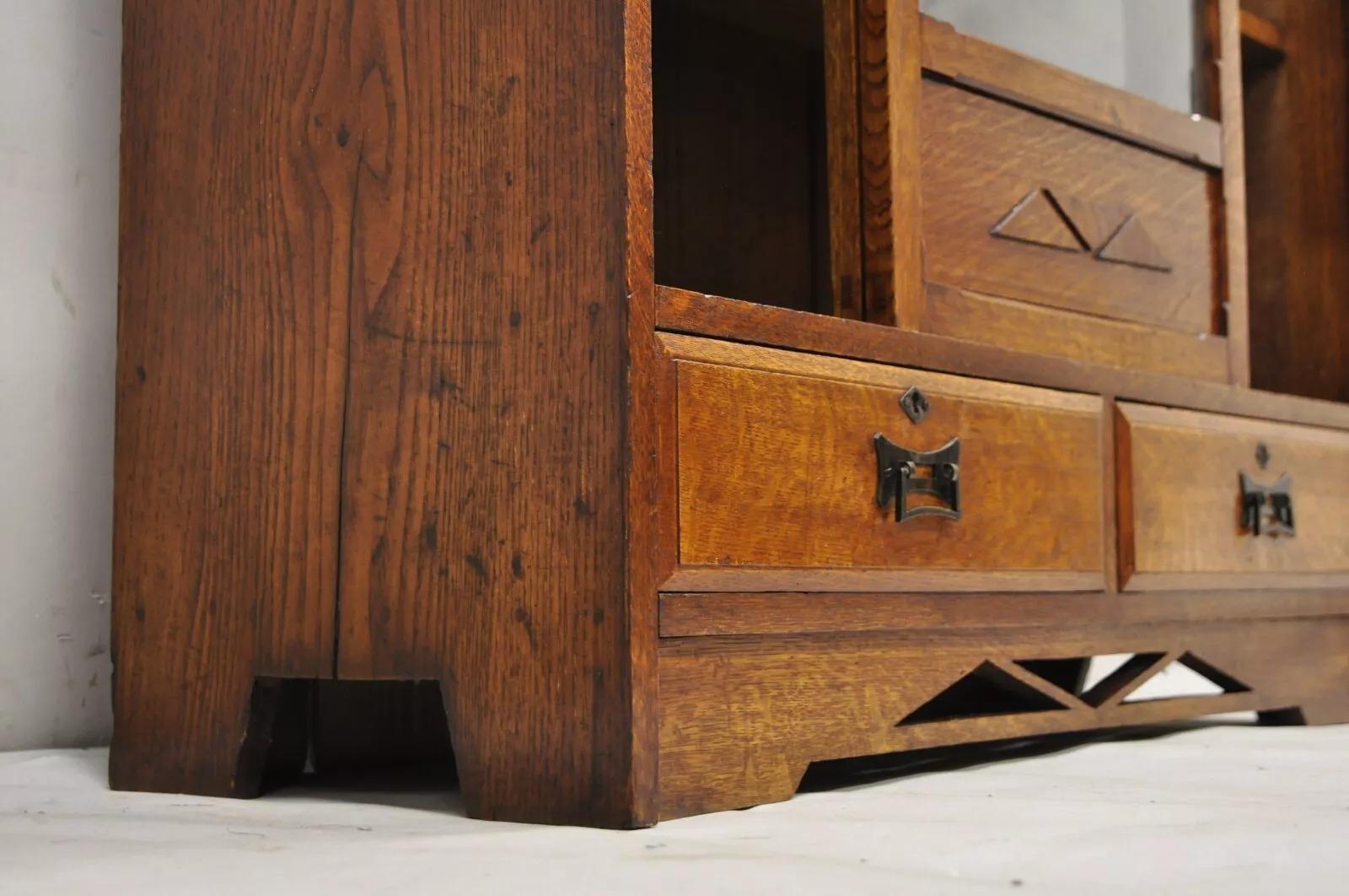 20th Century Antique Mission Oak Arts & Crafts Small Sliding Door Bookcase Curio with Drawers For Sale